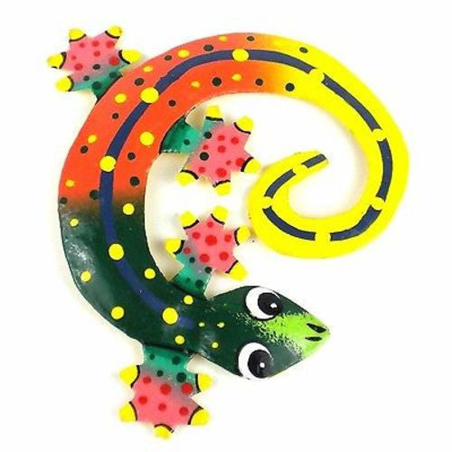 Hand Painted Round Metal Gecko Sunset Design Handmade and Fair Trade