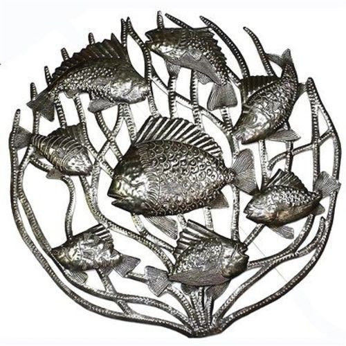 Fish in Coral Metal Wall Art 24-inch Diameter Handmade and Fair Trade
