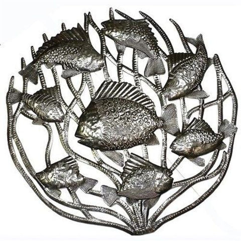 Fish in Coral Metal Wall Art 24-inch Diameter Handmade and Fair Trade