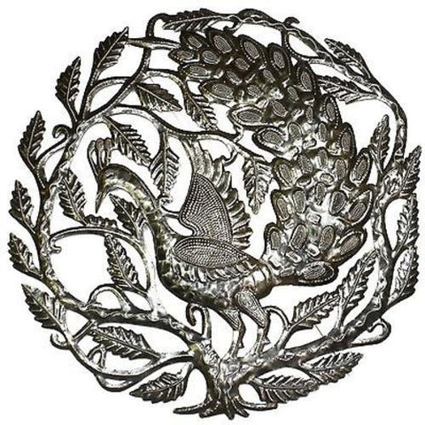 Peacock in Tree 24-inch Metal Art Handmade and Fair Trade